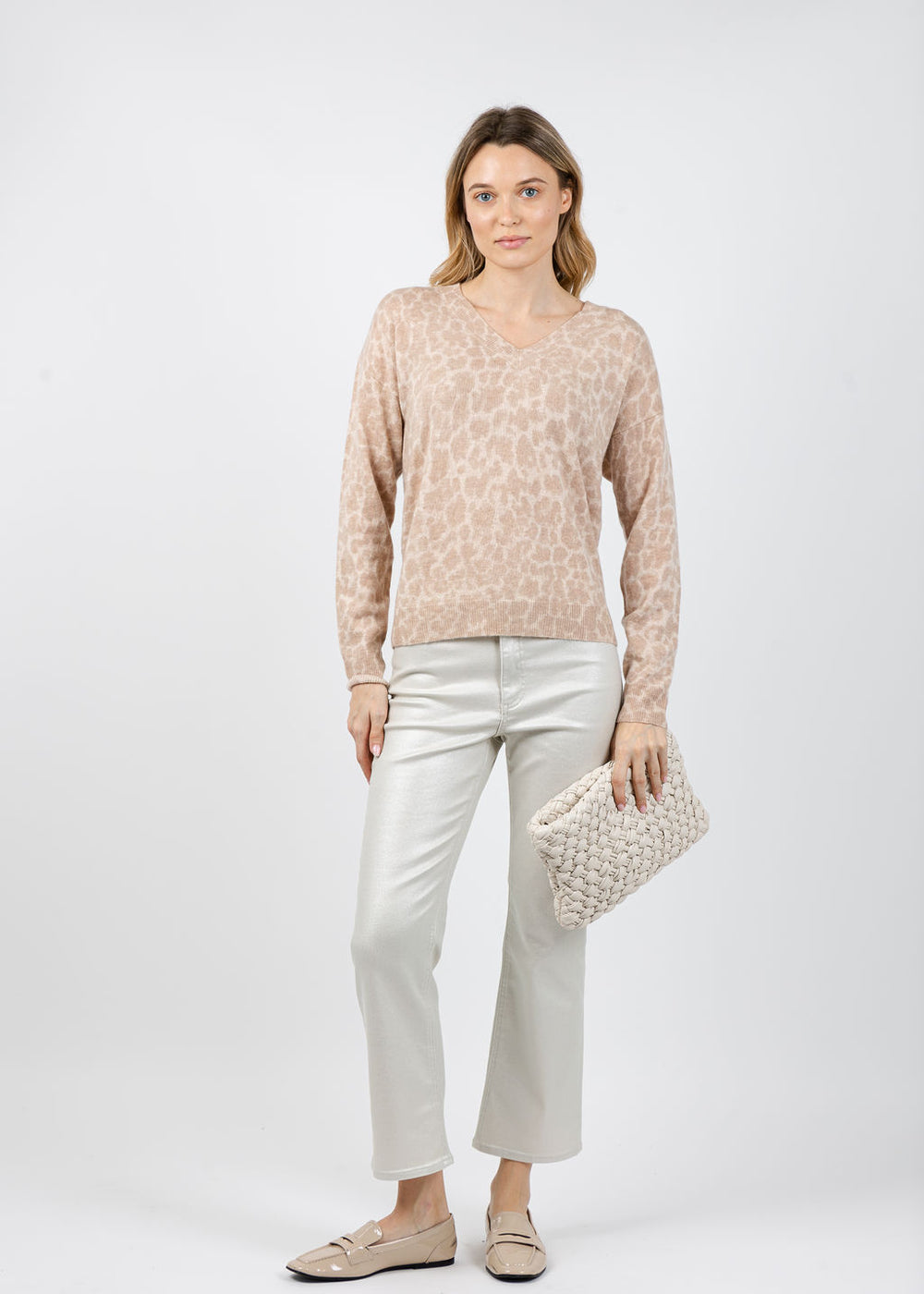 Kinross Easy Leopard Vee Sweater in Cameo Multi available at Barbara Katz