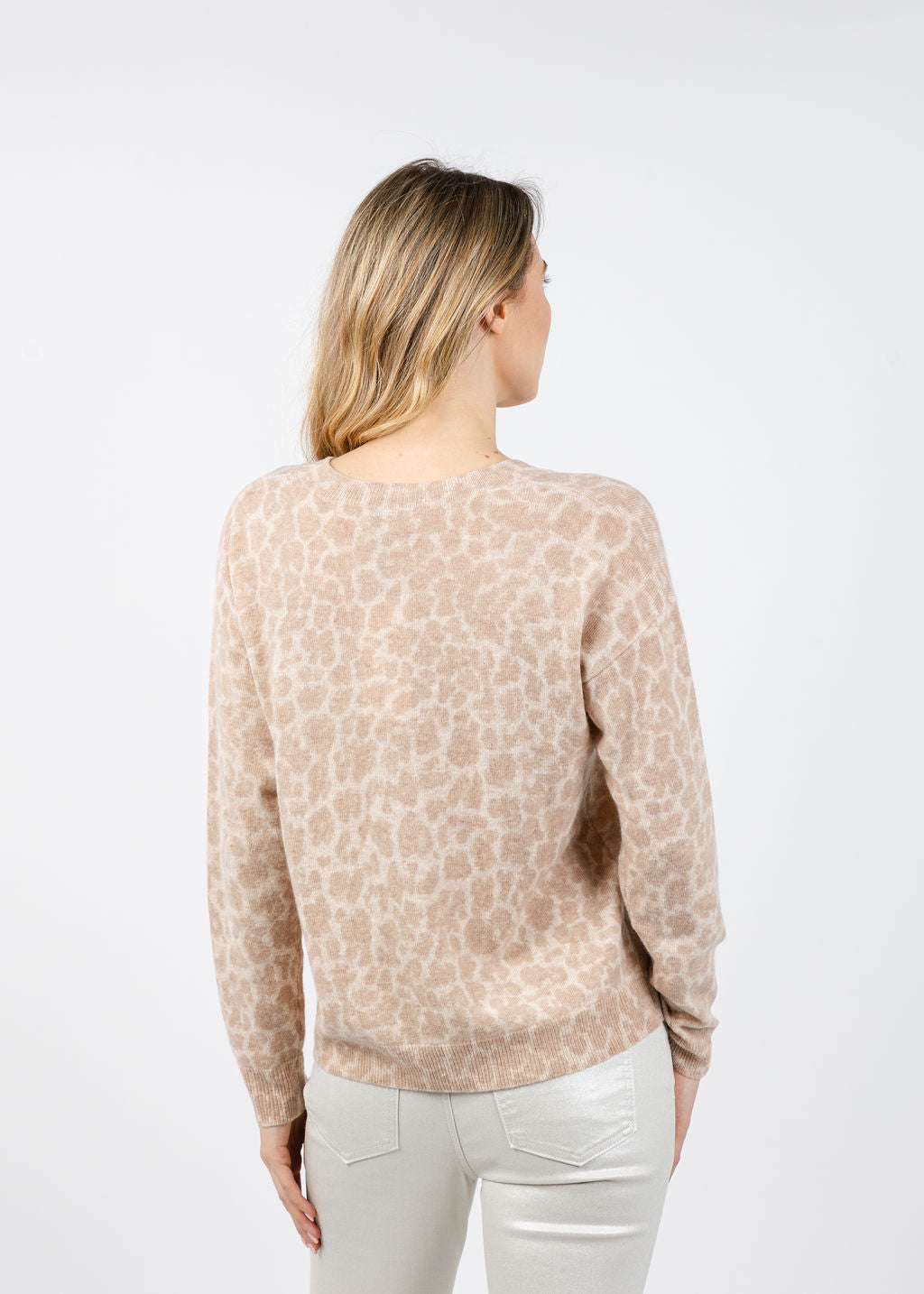 Kinross Easy Leopard Vee Sweater in Cameo Multi available at Barbara Katz