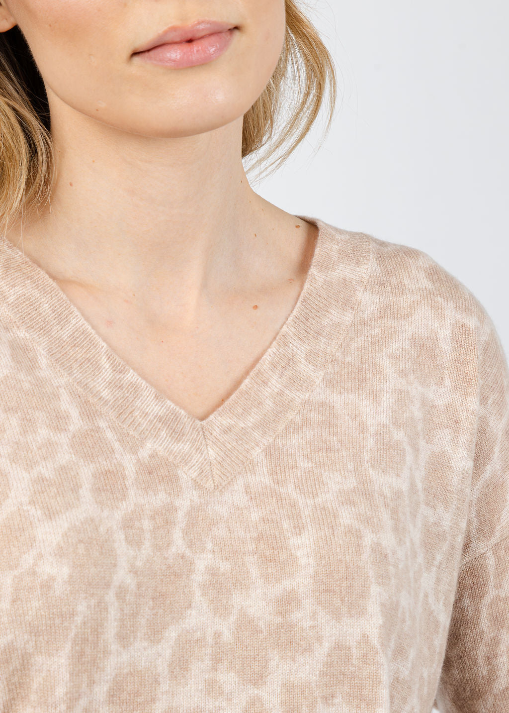 Kinross Easy Leopard Vee Sweater in Cameo Multi available at Barbara Katz