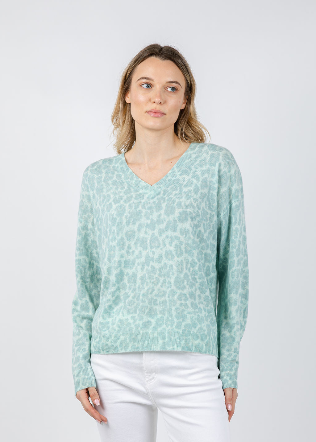 Kinross Easy Leopard Vee Sweater in Seaglass Multi available at Barbara Katz