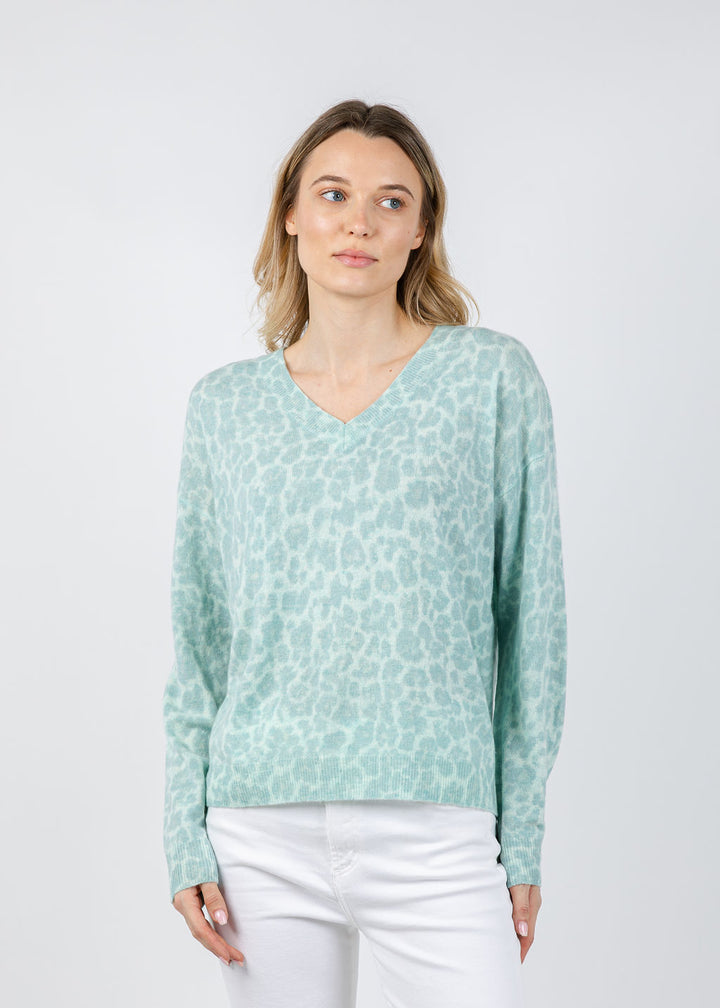 Kinross Easy Leopard Vee Sweater in Seaglass Multi available at Barbara Katz