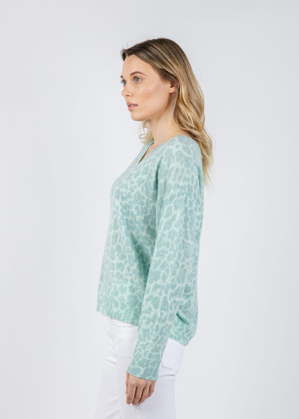 Kinross Easy Leopard Vee Sweater in Seaglass Multi available at Barbara Katz