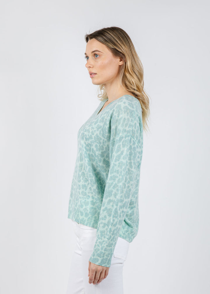 Kinross Easy Leopard Vee Sweater in Seaglass Multi available at Barbara Katz