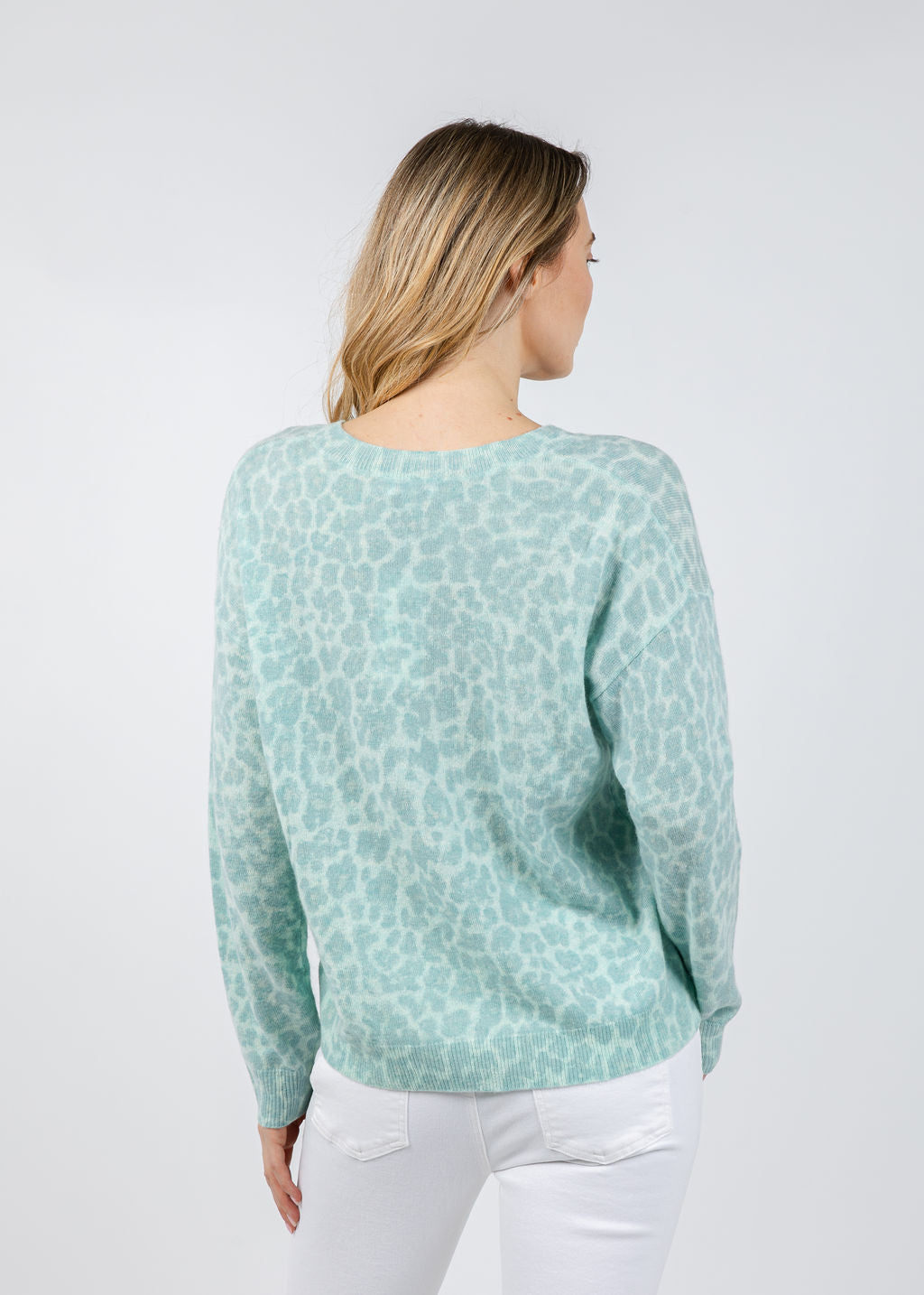 Kinross Easy Leopard Vee Sweater in Seaglass Multi available at Barbara Katz