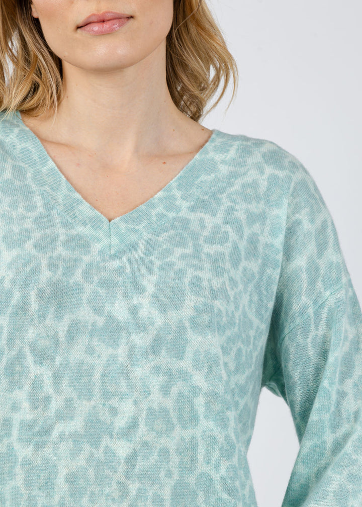 Kinross Easy Leopard Vee Sweater in Seaglass Multi available at Barbara Katz