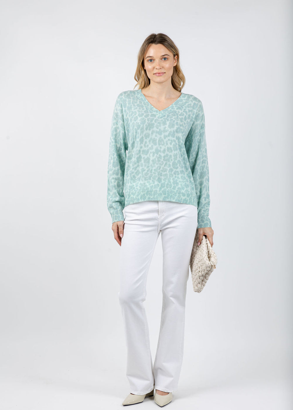 Kinross Easy Leopard Vee Sweater in Seaglass Multi available at Barbara Katz