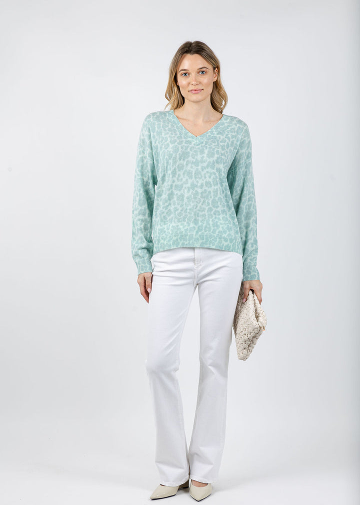 Kinross Easy Leopard Vee Sweater in Seaglass Multi available at Barbara Katz