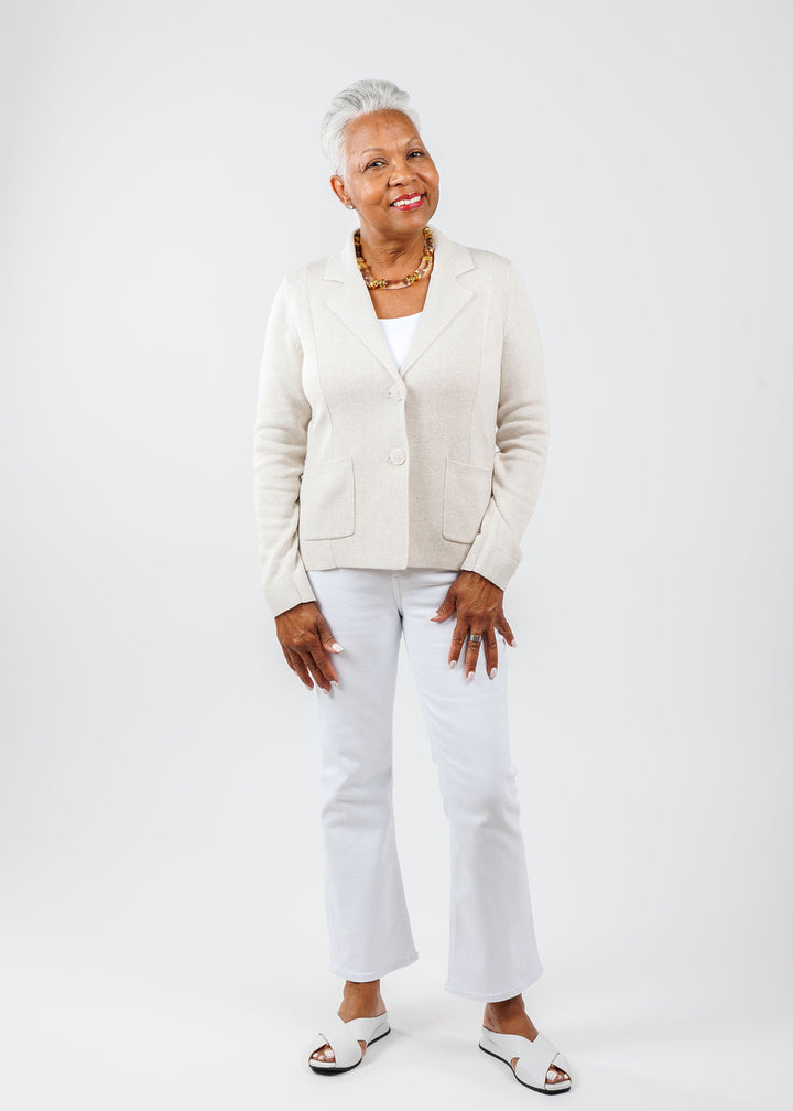 Kinross Fitted Notch Collar Cardigan in Champagne available at Barbara Katz