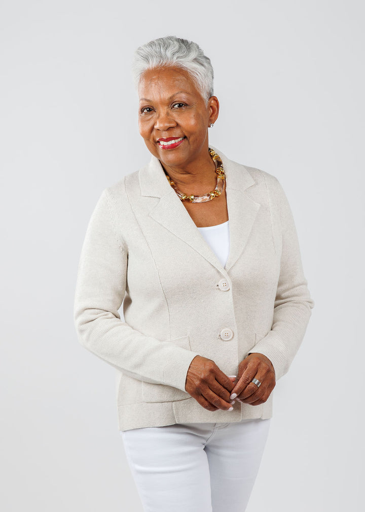 Kinross Fitted Notch Collar Cardigan in Champagne available at Barbara Katz