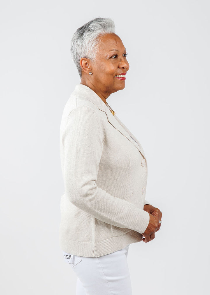 Kinross Fitted Notch Collar Cardigan in Champagne available at Barbara Katz