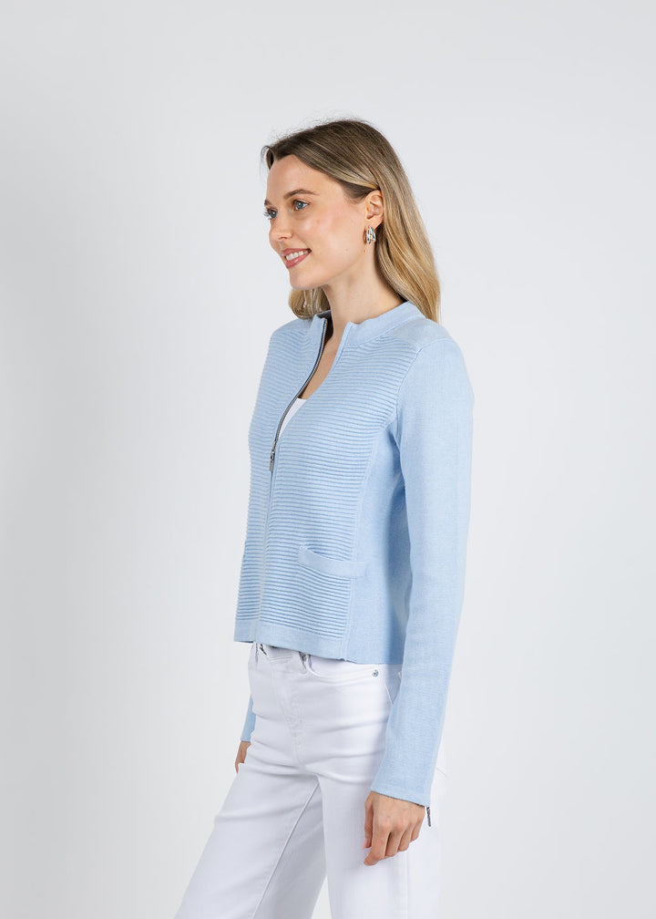 Kinross Fitted Zip Cardigan in Skyways available at Barbara Katz