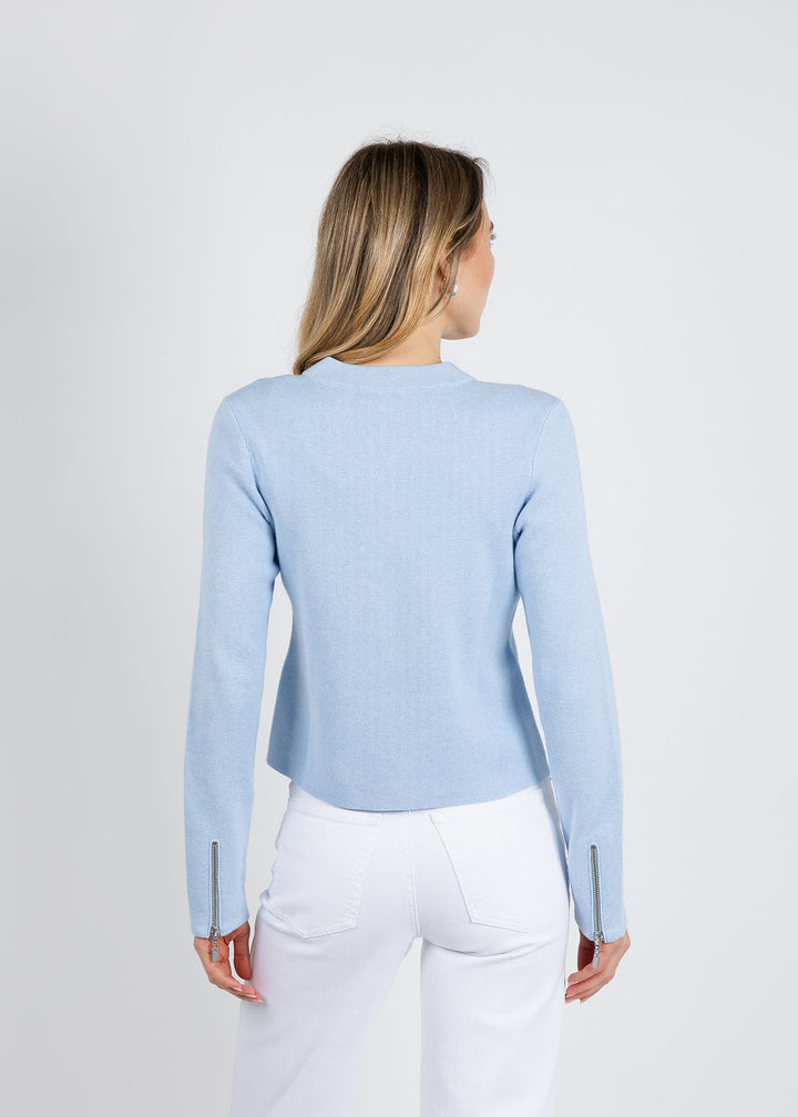 Kinross Fitted Zip Cardigan in Skyways available at Barbara Katz