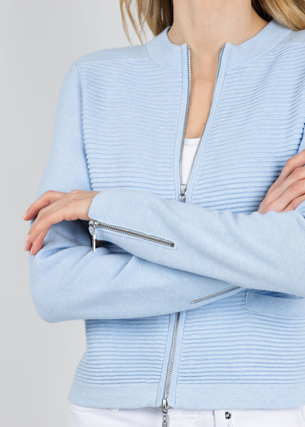 Kinross Fitted Zip Cardigan in Skyways available at Barbara Katz