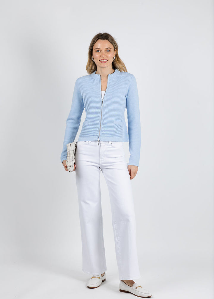 Kinross Fitted Zip Cardigan in Skyways available at Barbara Katz