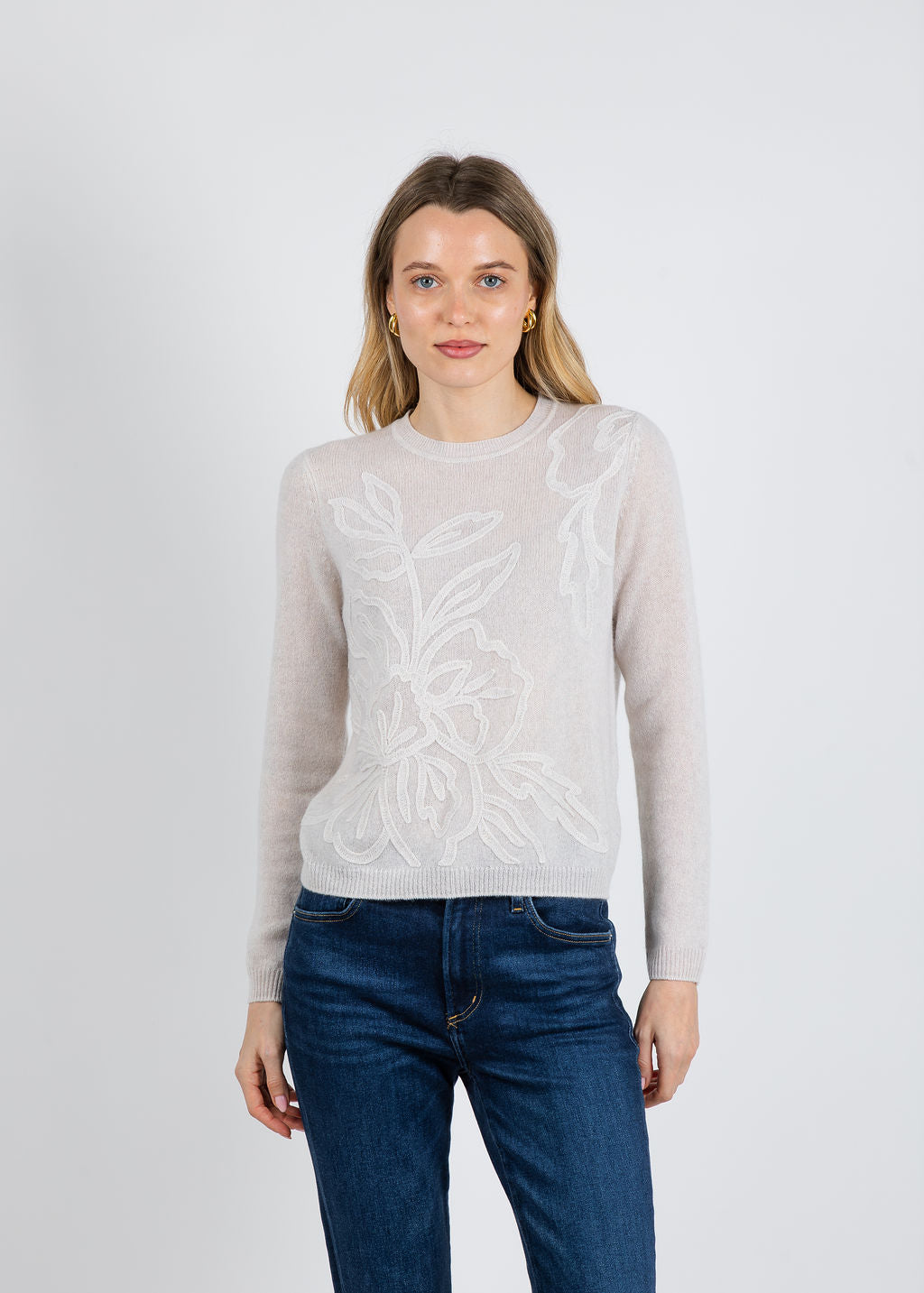 Kinross Floral Embroidered Crew Sweater in Cloud available at Barbara Katz