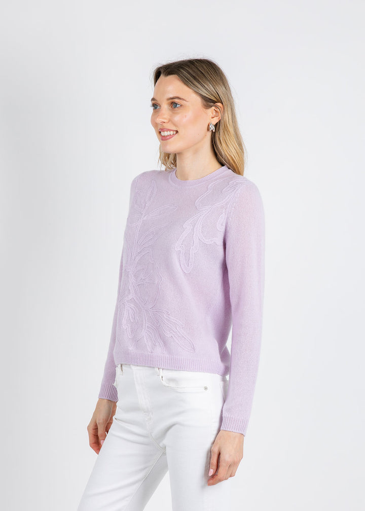 Kinross Floral Embroidered Crew Sweater in Lilac available at Barbara Katz