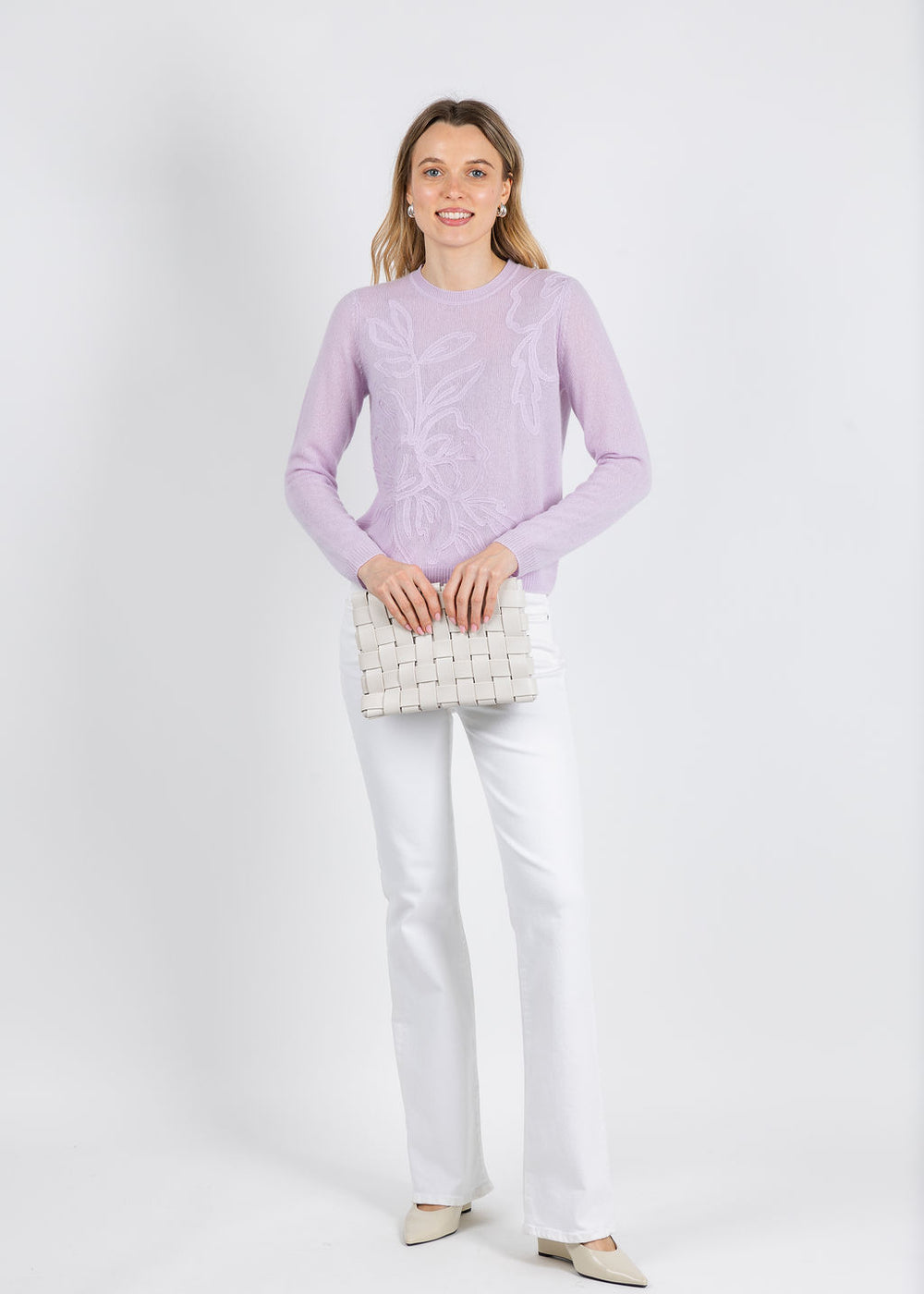 Kinross Floral Embroidered Crew Sweater in Lilac available at Barbara Katz