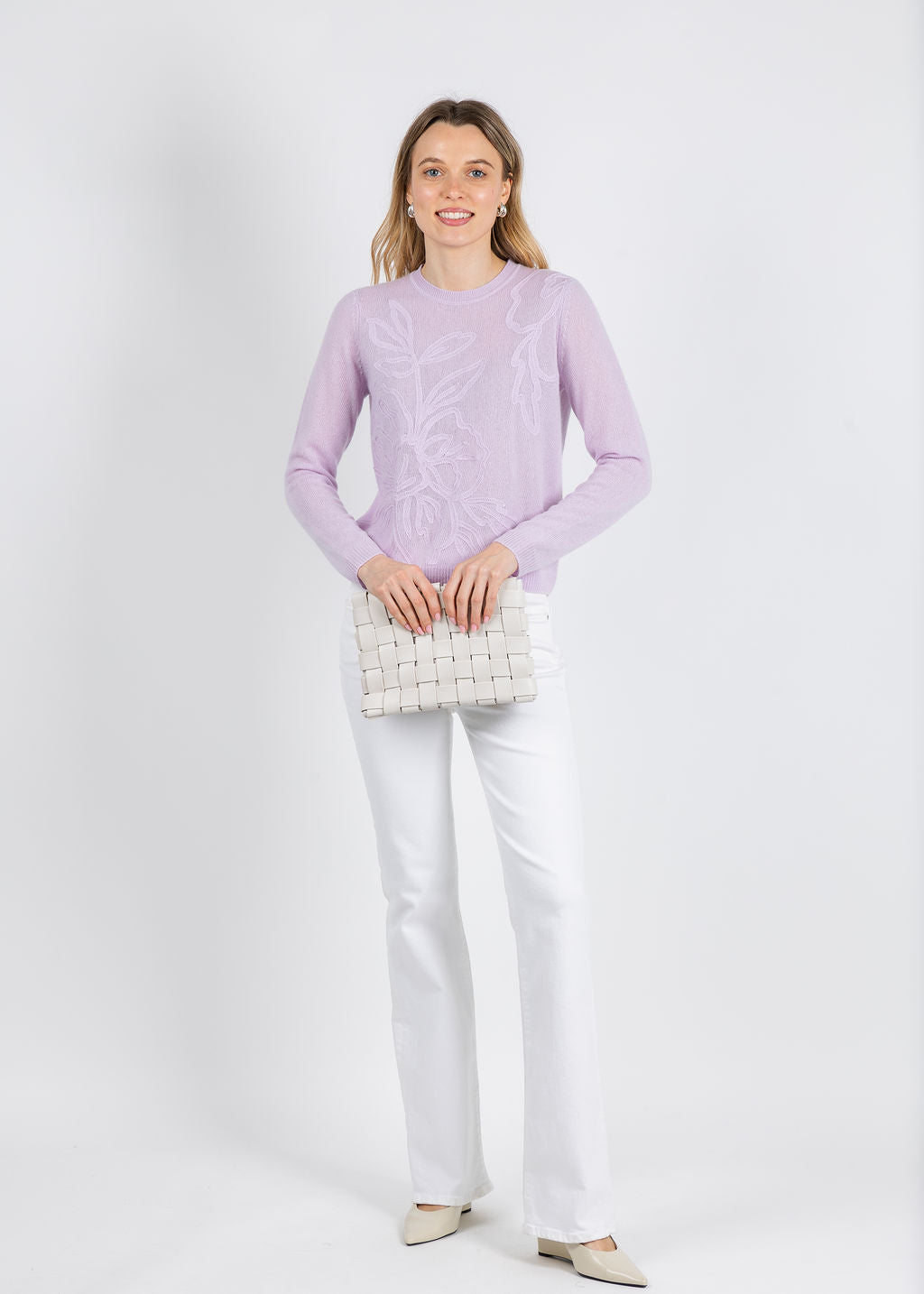 Kinross Floral Embroidered Crew Sweater in Lilac available at Barbara Katz