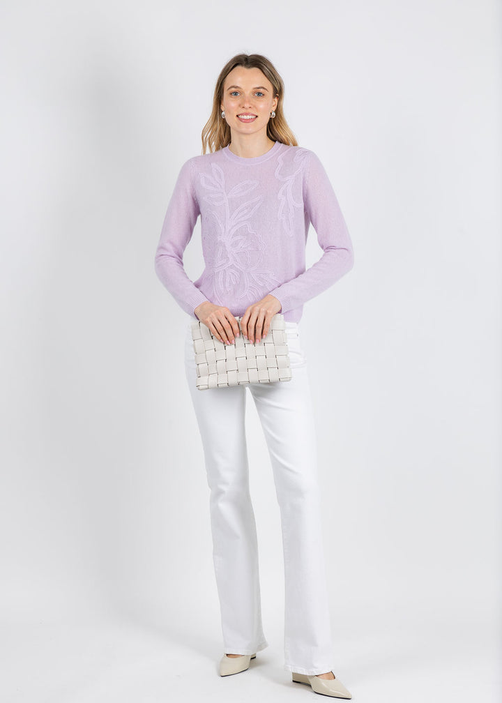 Kinross Floral Embroidered Crew Sweater in Lilac available at Barbara Katz