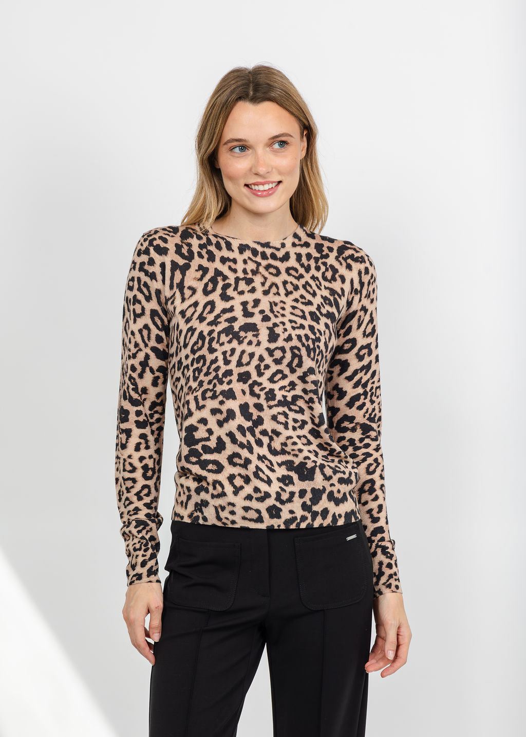 Kinross Leopard Print Crew Sweater - Chocolate available at Barbara Katz