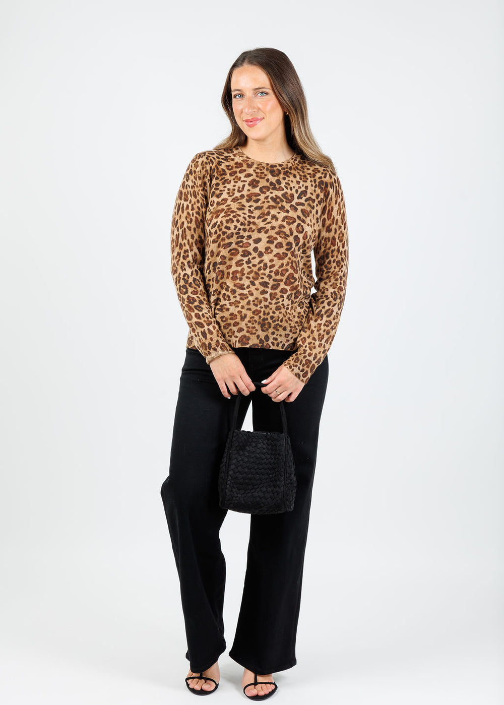 Kinross Marisa Leopard Crew Sweater in Camel Multi available at Barbara Katz