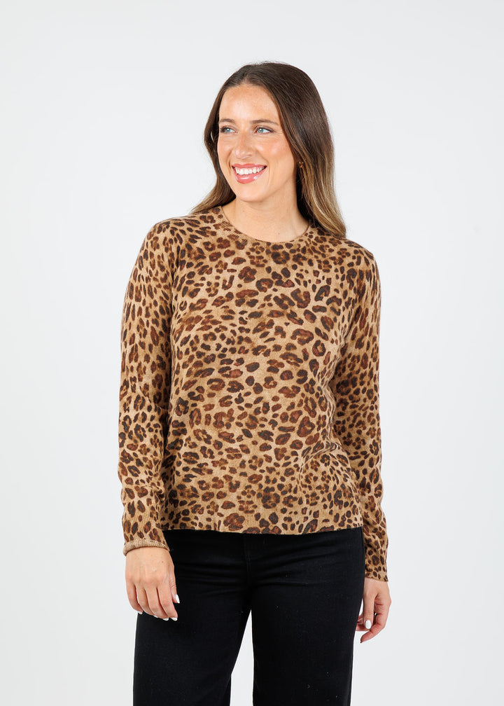 Kinross Marisa Leopard Crew Sweater in Camel Multi available at Barbara Katz