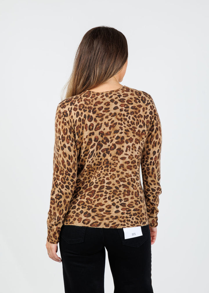 Kinross Marisa Leopard Crew Sweater in Camel Multi available at Barbara Katz