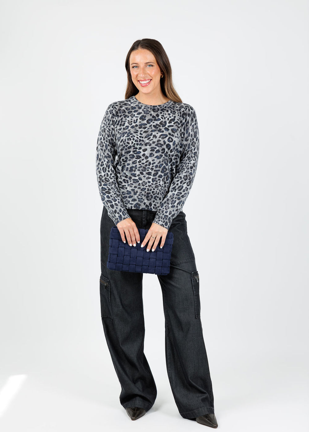 Kinross Marisa Leopard Crew Sweater in Sterling Multi available at Barbara Katz