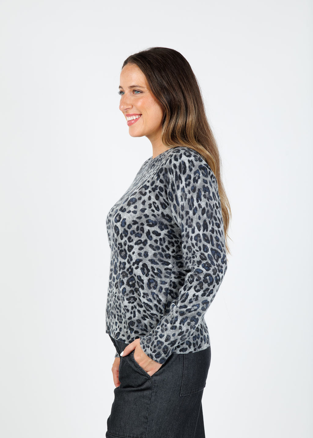 Kinross Marisa Leopard Crew Sweater in Sterling Multi available at Barbara Katz