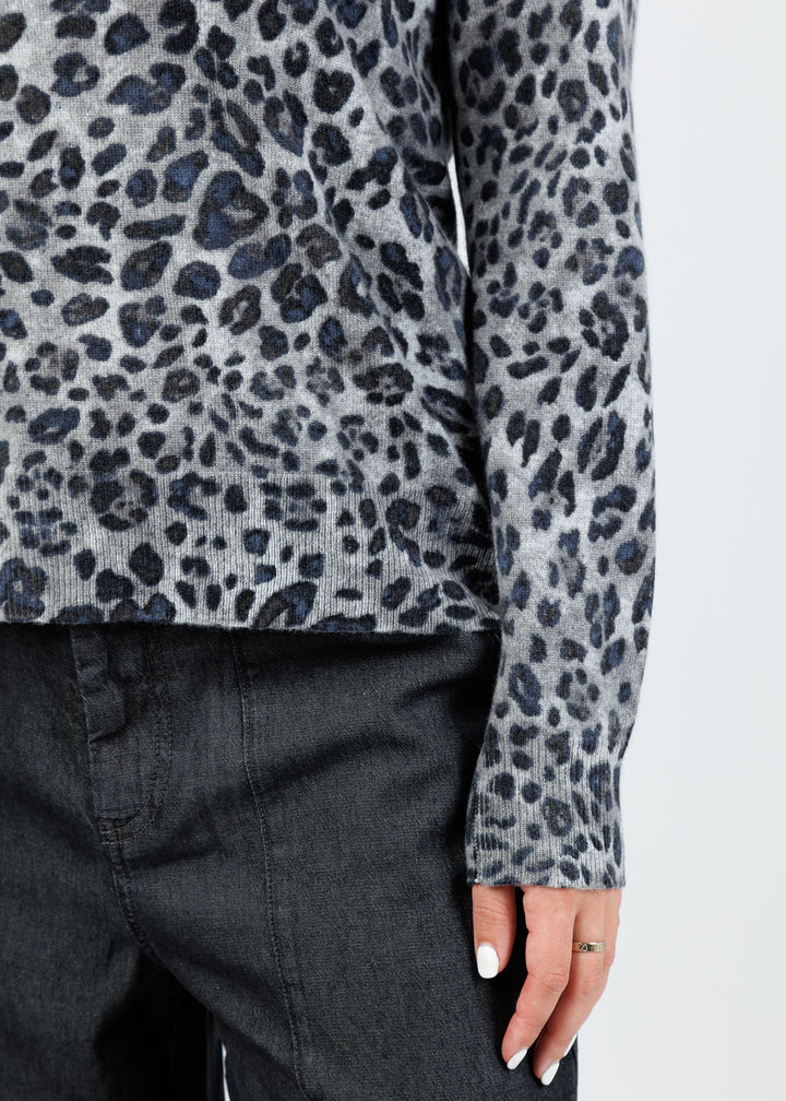 Kinross Marisa Leopard Crew Sweater in Sterling Multi available at Barbara Katz