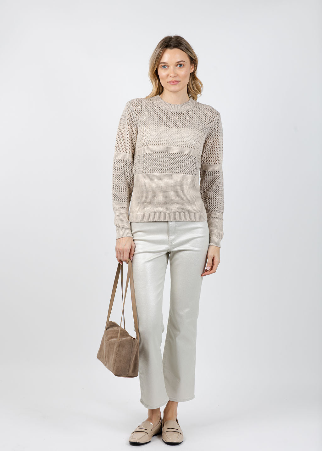 Kinross Mixed Stitch Lurex Crew Sweater in Dune available at Barbara Katz