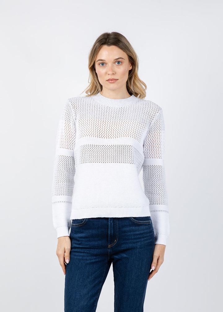 Kinross Mixed Stitch Lurex Crew Sweater in White available at Barbara Katz