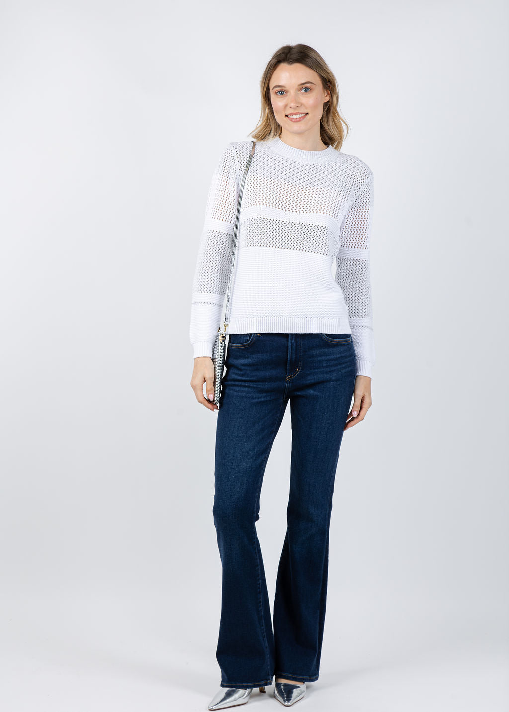 Kinross Mixed Stitch Lurex Crew Sweater in White available at Barbara Katz
