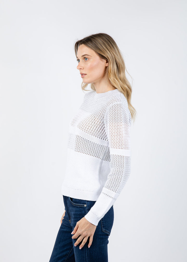 Kinross Mixed Stitch Lurex Crew Sweater in White available at Barbara Katz