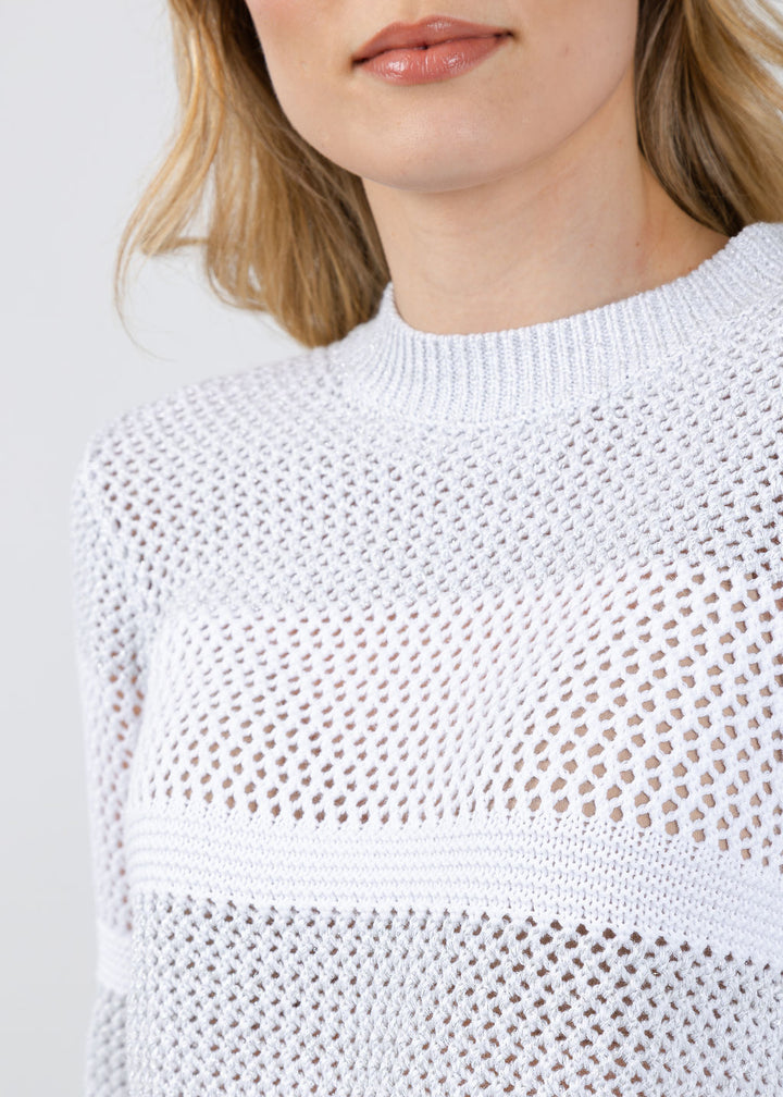 Kinross Mixed Stitch Lurex Crew Sweater in White available at Barbara Katz