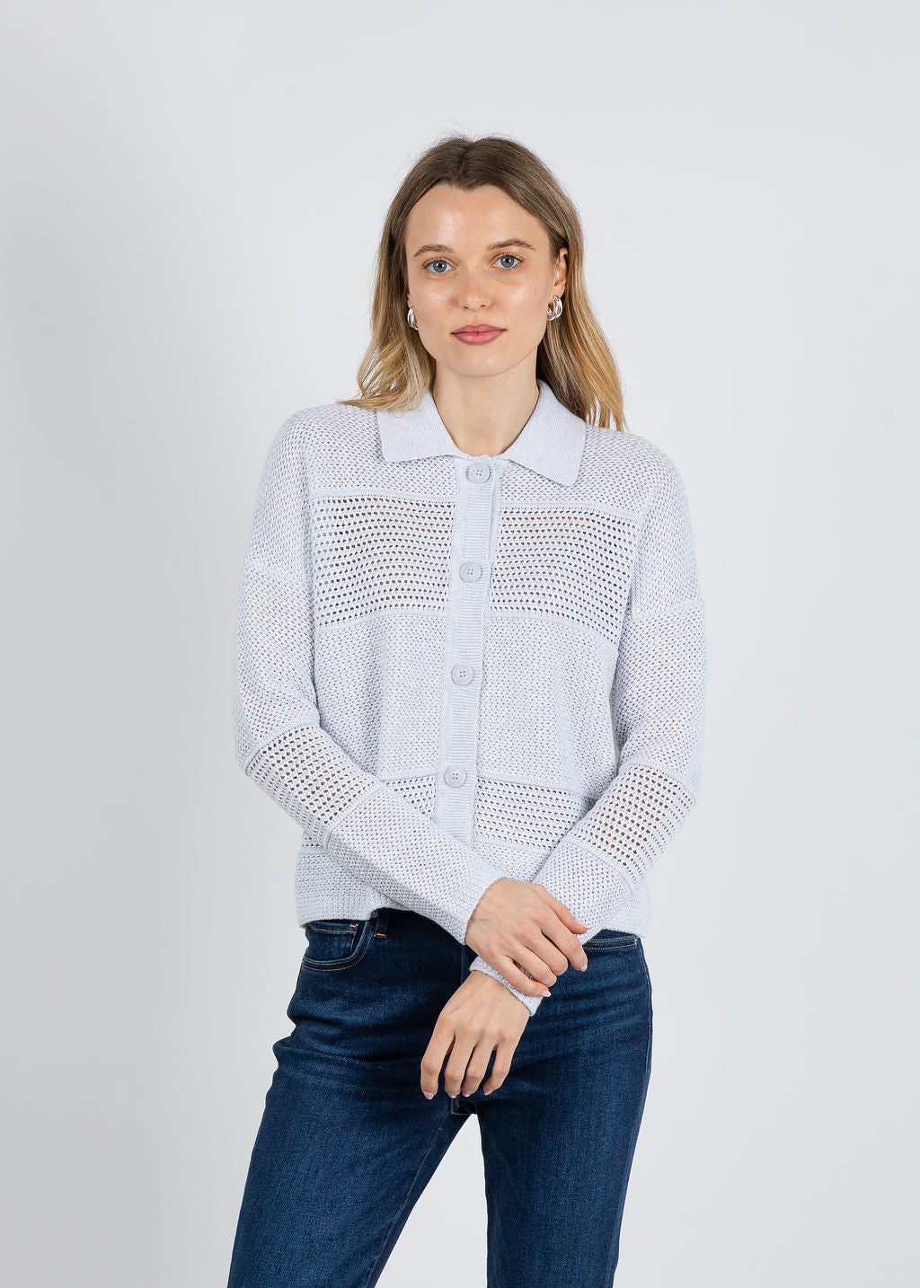 Kinross Mixed Textured Collared Cardigan in Dove available at Barbara Katz