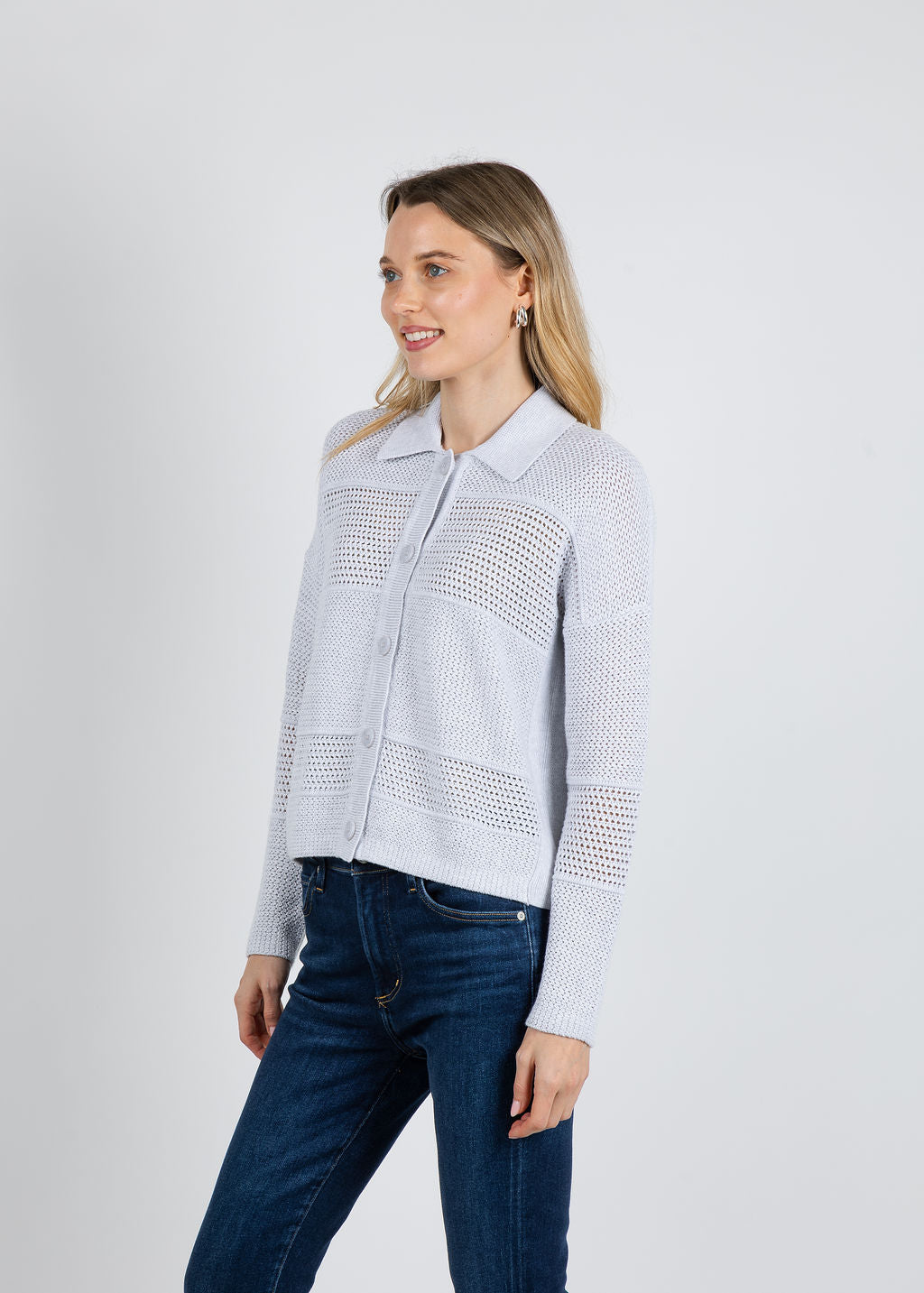 Kinross Mixed Textured Collared Cardigan in Dove available at Barbara Katz