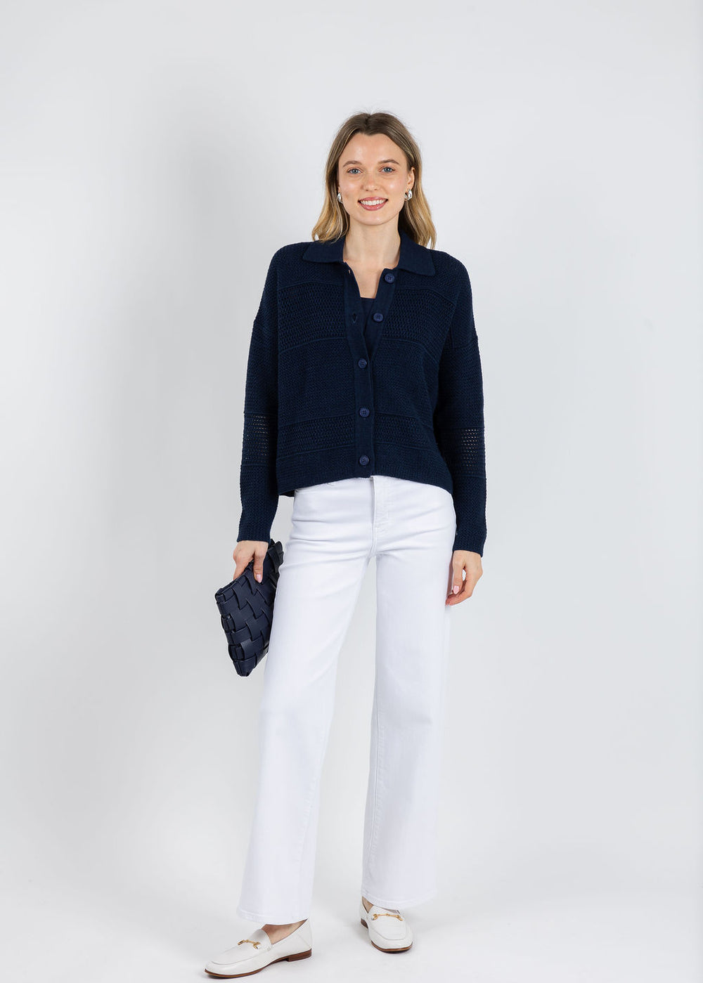 Kinross Mixed Textured Collared Cardigan in Navy available at Barbara Katz