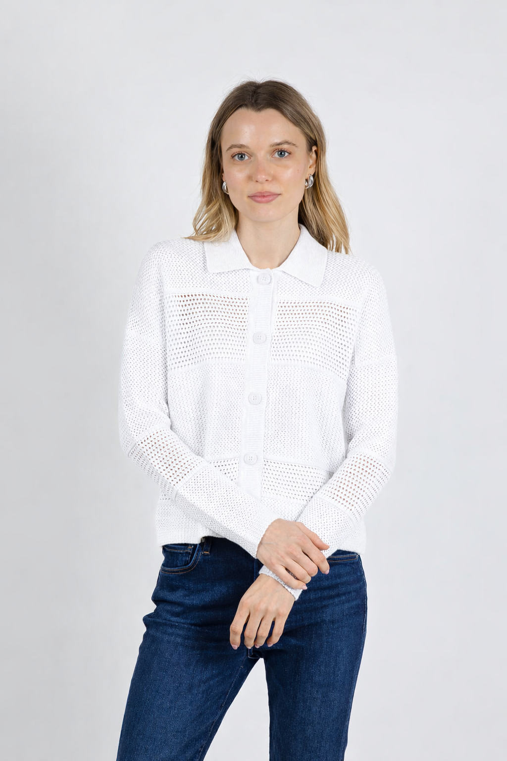 Kinross Mixed Textured Collared Cardigan in White available at Barbara Katz