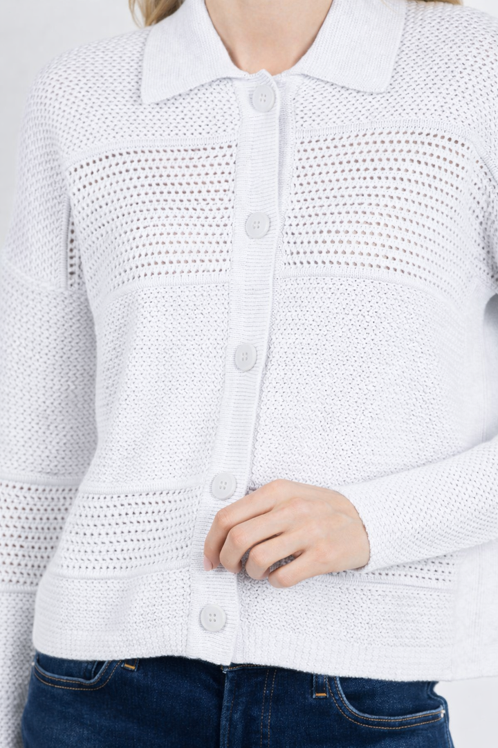 Kinross Mixed Textured Collared Cardigan in White available at Barbara Katz