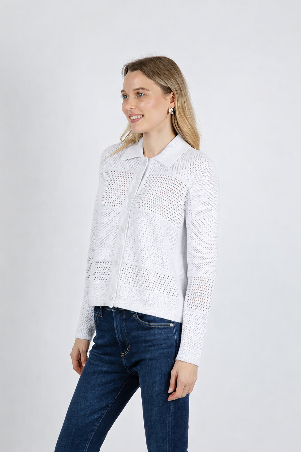 Kinross Mixed Textured Collared Cardigan in White available at Barbara Katz