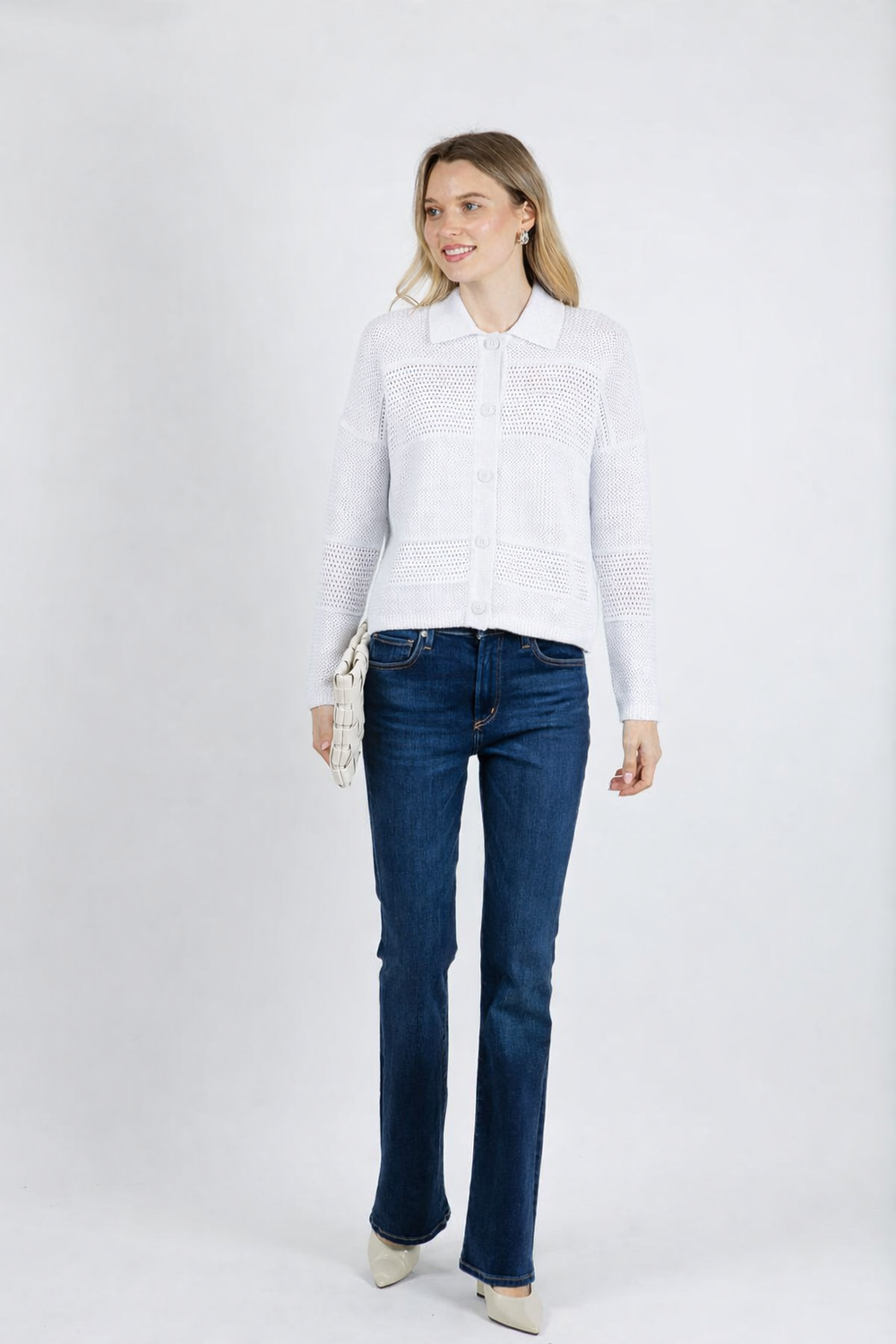 Kinross Mixed Textured Collared Cardigan in White available at Barbara Katz