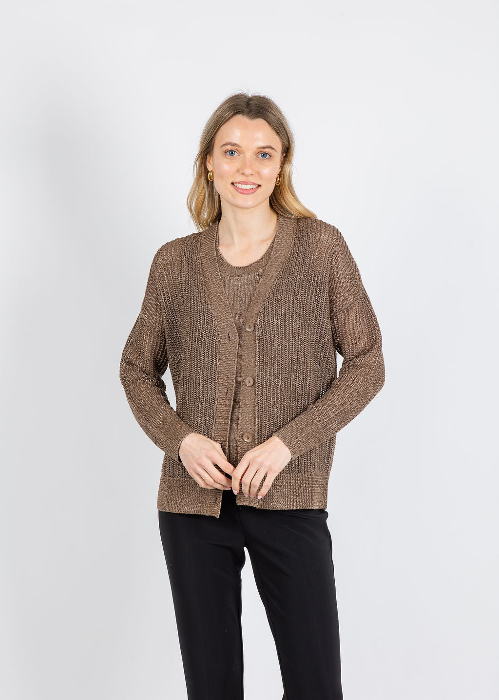 Kinross Open Texture Lurex Cardigan in Saddle available at Barbara Katz