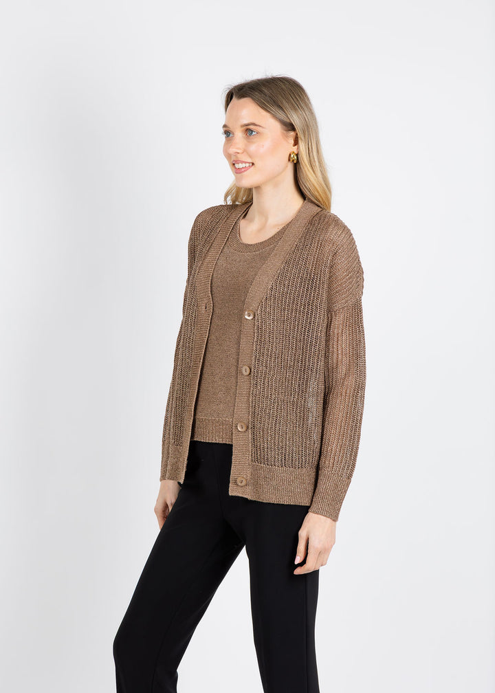 Kinross Open Texture Lurex Cardigan in Saddle available at Barbara Katz