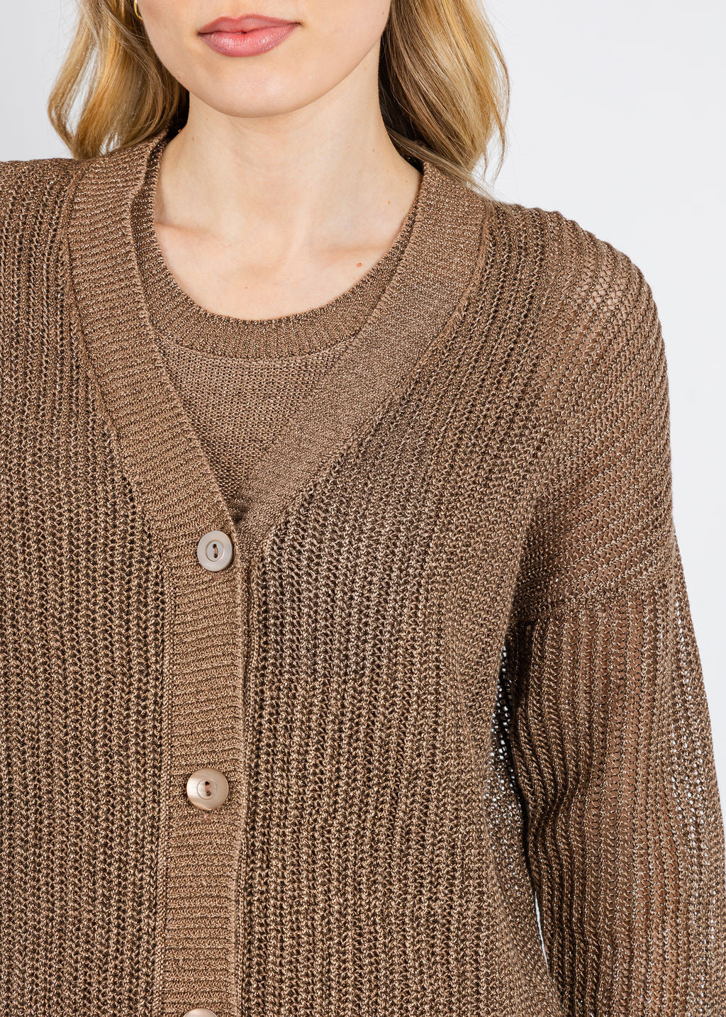 Kinross Open Texture Lurex Cardigan in Saddle available at Barbara Katz