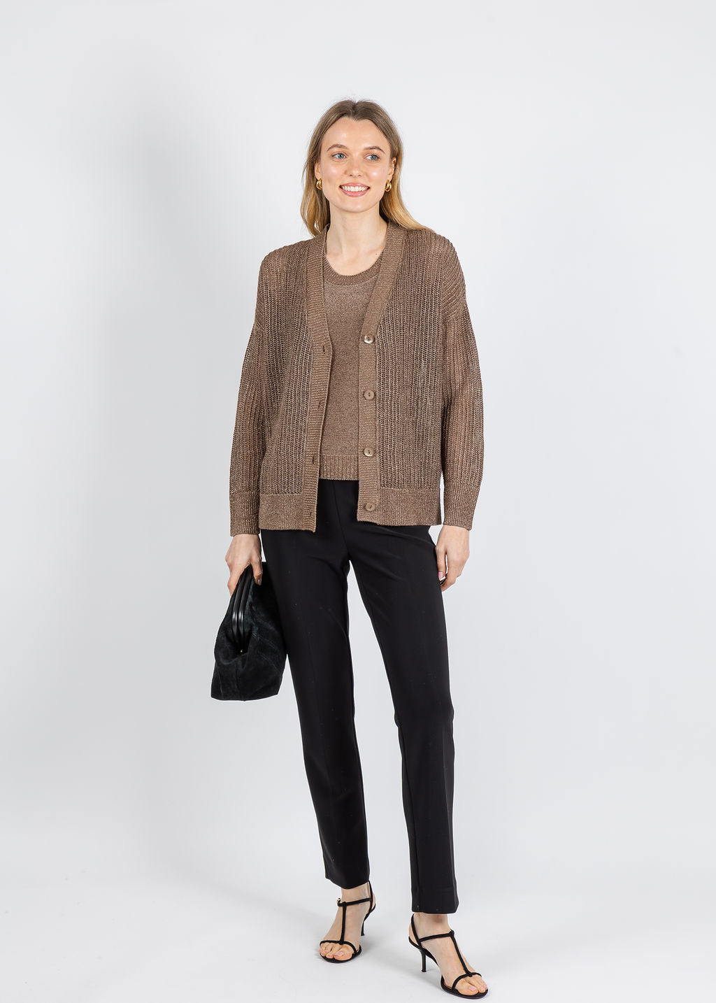 Kinross Open Texture Lurex Cardigan in Saddle available at Barbara Katz