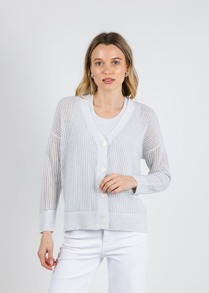 Kinross Open Texture Lurex Cardigan in White available at Barbara Katz
