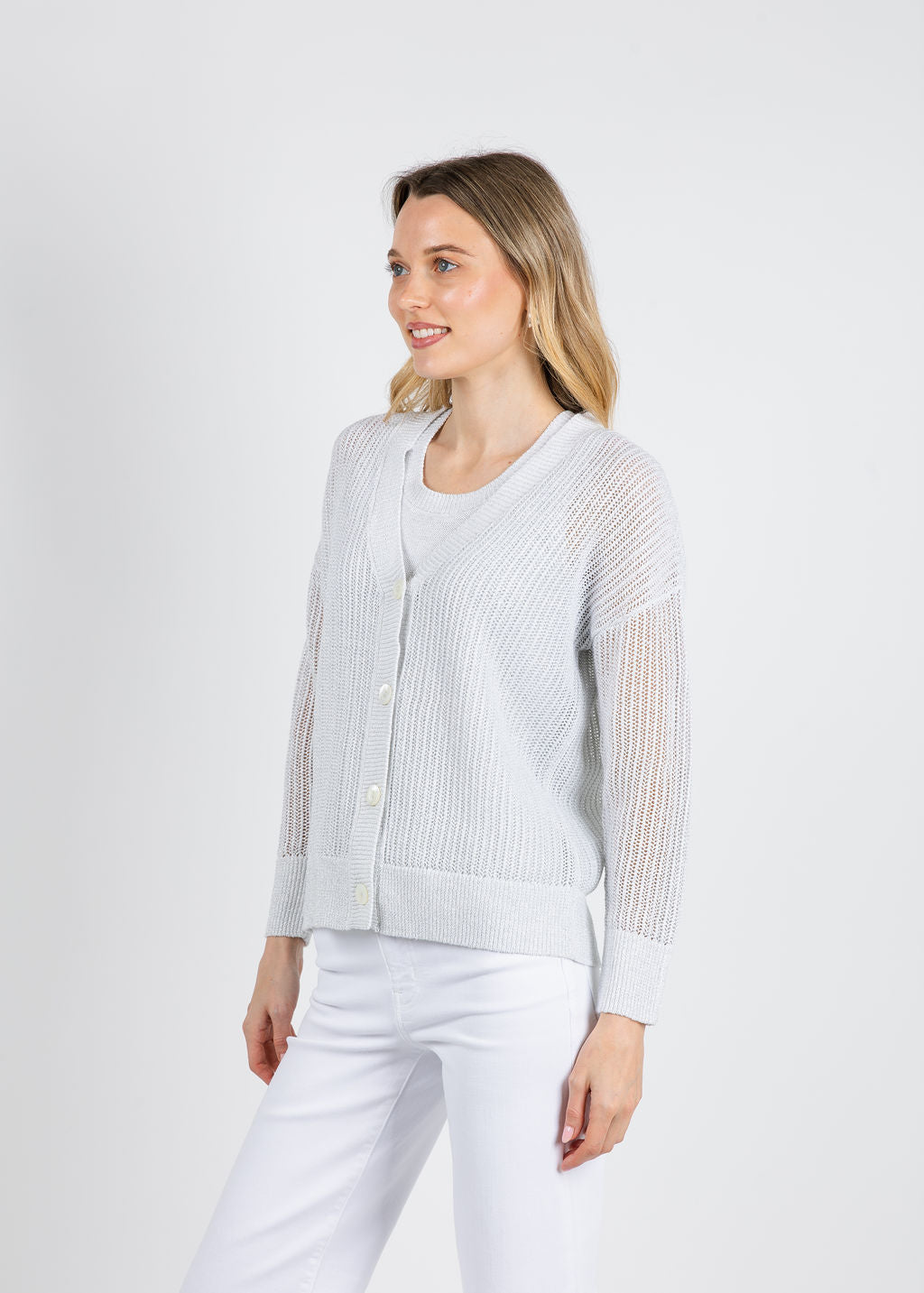 Kinross Open Texture Lurex Cardigan in White available at Barbara Katz