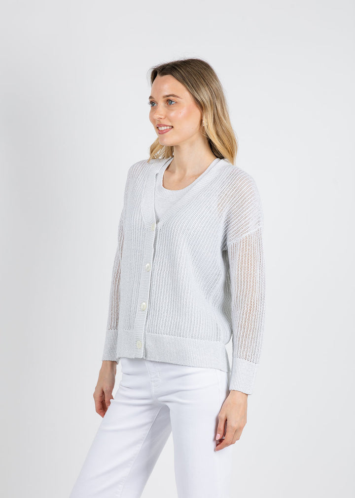 Kinross Open Texture Lurex Cardigan in White available at Barbara Katz