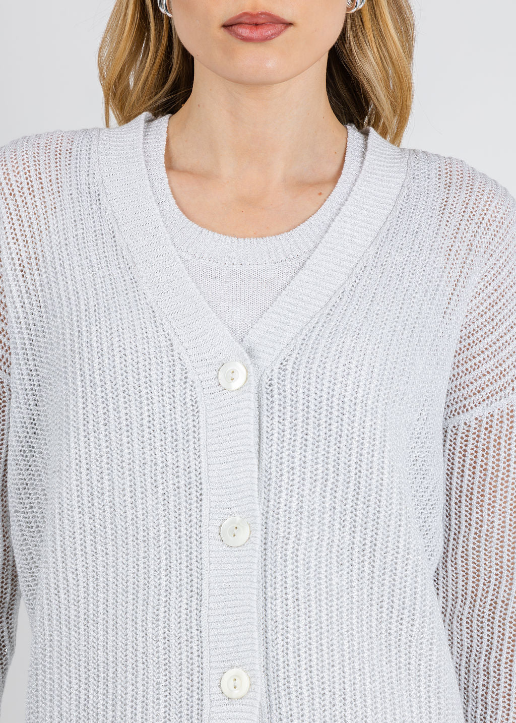 Kinross Open Texture Lurex Cardigan in White available at Barbara Katz